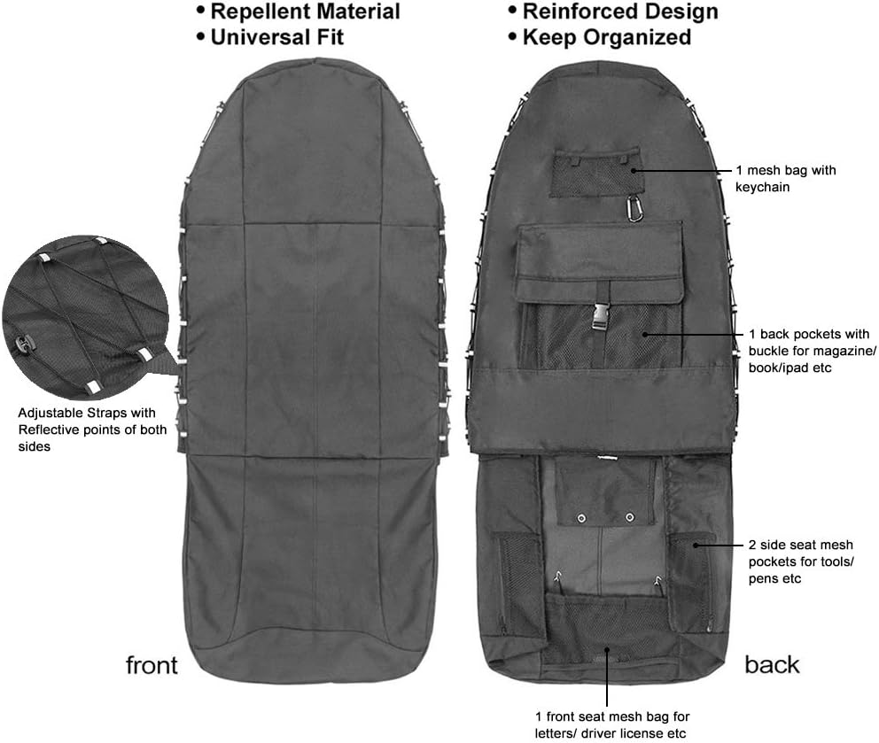 TIROL Waterproof Front Seat Covers High Back Front Seat Cover Universal Black Seat Protectors with Multi-Pockets Organizer for Storage (Pack of 2)