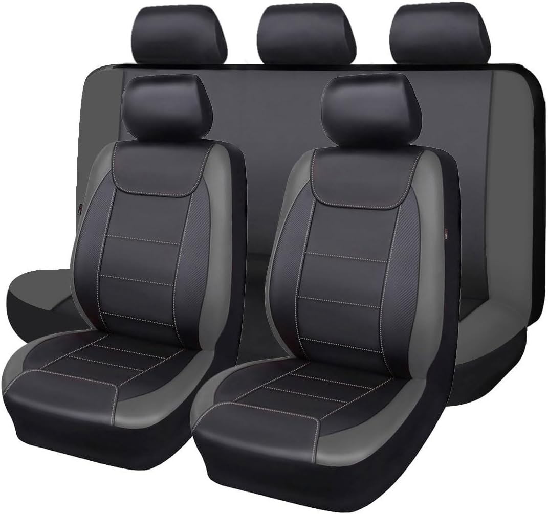 Flying Banner car seat Covers Protects Water Proof Faux Leather Carbon Fiber Front and Rear Bench (Black Black, Full Set - 9PCS)