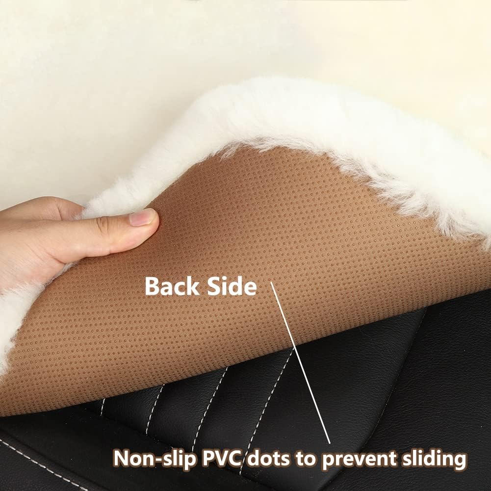 LLB Genuine Sheepskin Car Seat Cushion, Comfort Auto Seat Pad, Warm Real Wool Car Mat with Non-Slip Backing Universal Fit, 19.2 x 19.2 Inches (Pearl, 2 Front Seat Cushions & Bench Seat Cushion-3 Pcs)