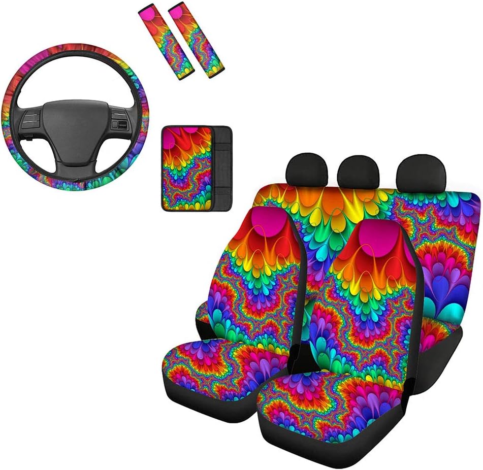 Belidome Blue Galaxy Starry Sky Pattern Car Seat Covers for Front Back Full Set Seatbelt Pads Steering Wheel Protector Armrest Cover, 8 Pieces