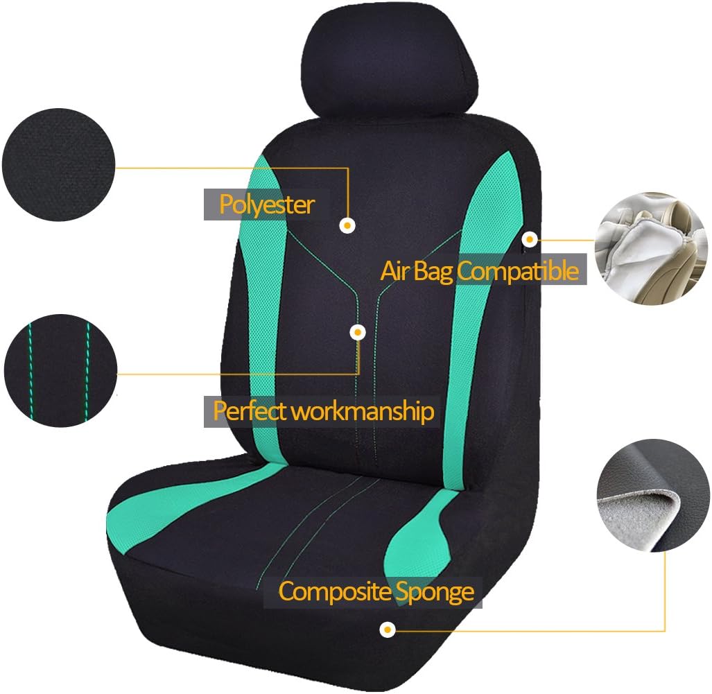 Flying Banner Car Seat Covers Front Seats and Rear Bench Air Mesh Fabric Rear Bench Split Polyester Easy Installation SUV CAR Woman Lady Femal (Black Mint Green, Full Set)