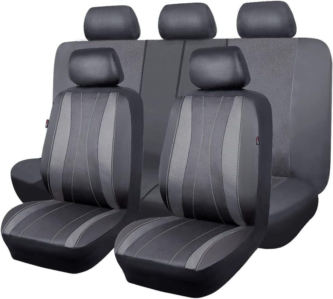 Flying Banner car seat Covers Full Set Faux Leather Air Mesh Breathable Man Lady Airbag Compatible Rear Bench Split 40/60 50/50 60/40 Truck Pick Up (Full Set - Low Back, Black Black)