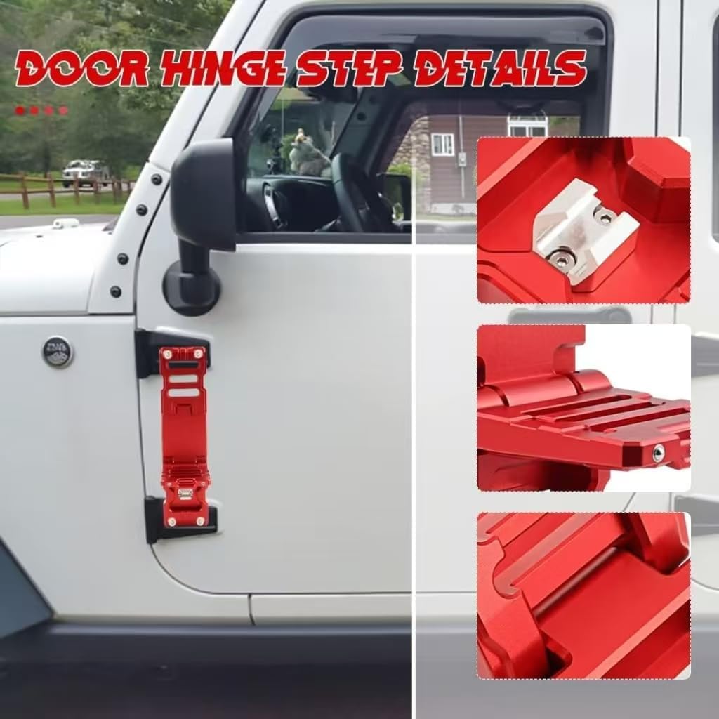 Door Hinge Step, Aluminum Door Hinge Foot Peg Step Compatible with Jeep Wrangler 2007-2018 JK JKU, 2018-2021 JL JLU 1PC, Red
