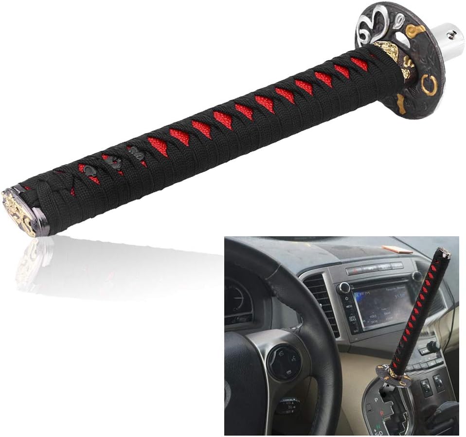 Gear Shift Lever Knob Universal Retro Japanese Sword Car Gear Shift Knob Manual Shifter Lever Knob with 4 Adapters (Black + Red)
