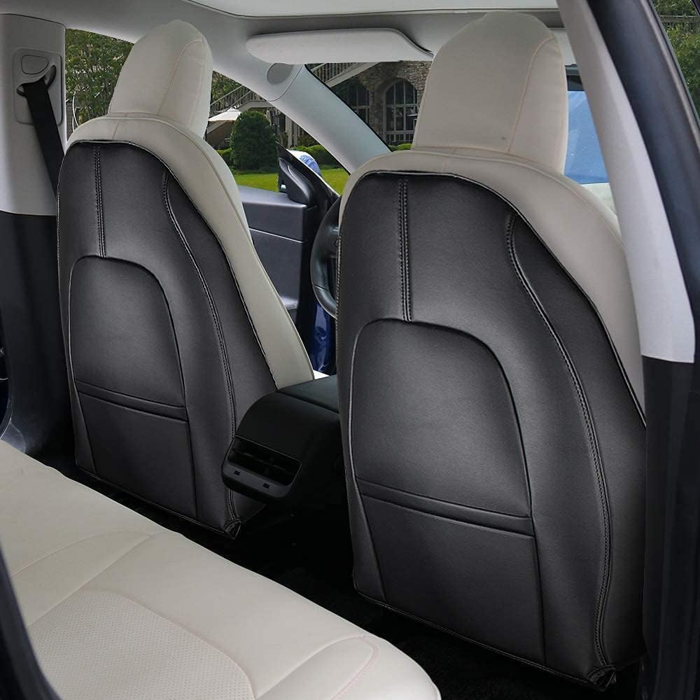 BASENOR 2025 2026 Upgraded Tesla Model 3/Y/S/X Leather Seat Back Kick Protector, Backseat Mats for Kids (Extra Organizer Pocket) Waterproof Scratchproof Resistant Protection White (Set of 2)