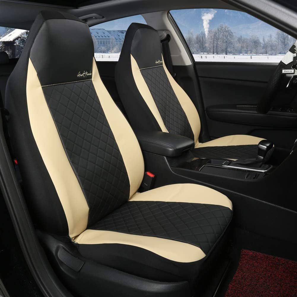 GIANT PANDA High Back Car Seat Covers Leather Universal Fit Most Car, Pickup, SUV, and Minivan, PU and Fabric Stitching Seat Covers, Airbag Compatible (Black + Beige)