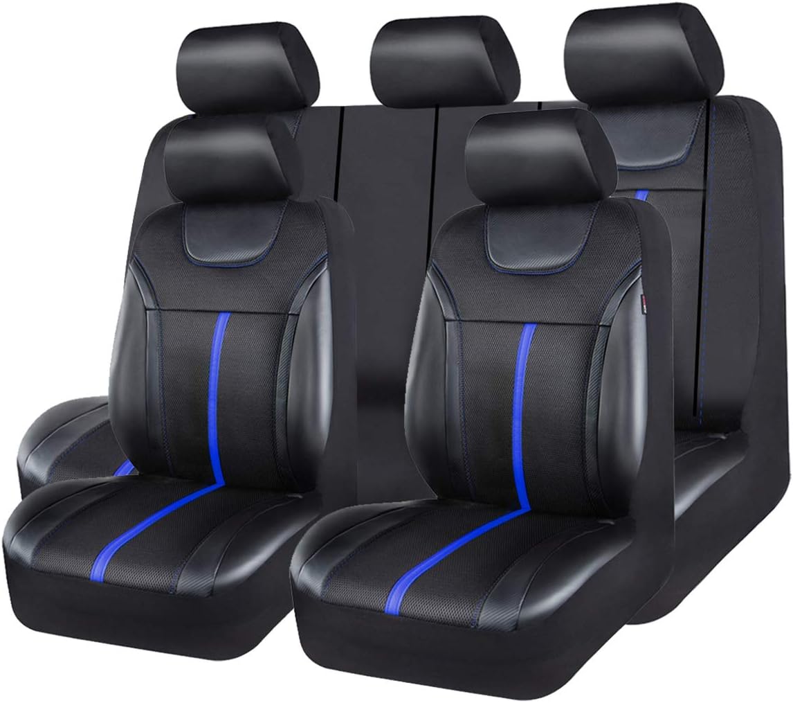 CAR PASS Sporty Carbon Leather Universal Car Seat Cover with Zipper Design, Fit for Suvs, Vans, Sedans, Trucks, Airbag Compatible (Carbon Leather Full Set, Black-Red)