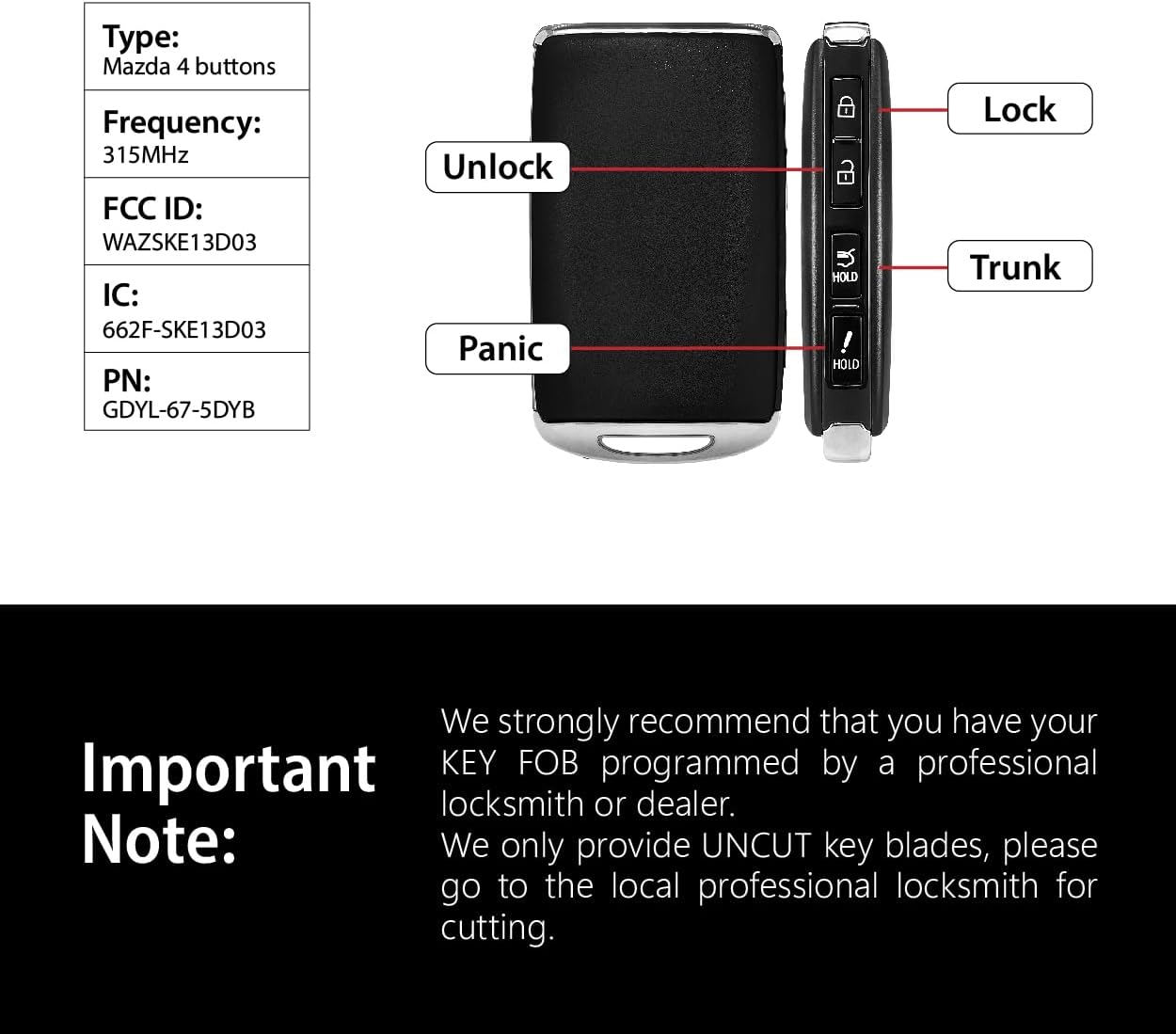 Keylessbest Key Fob Remote Replacement for 2020 2021 2022 2023 Mazda CX-3 CX-5 CX-9 4 Buttons 315MHz WAZSKE13D03,Black