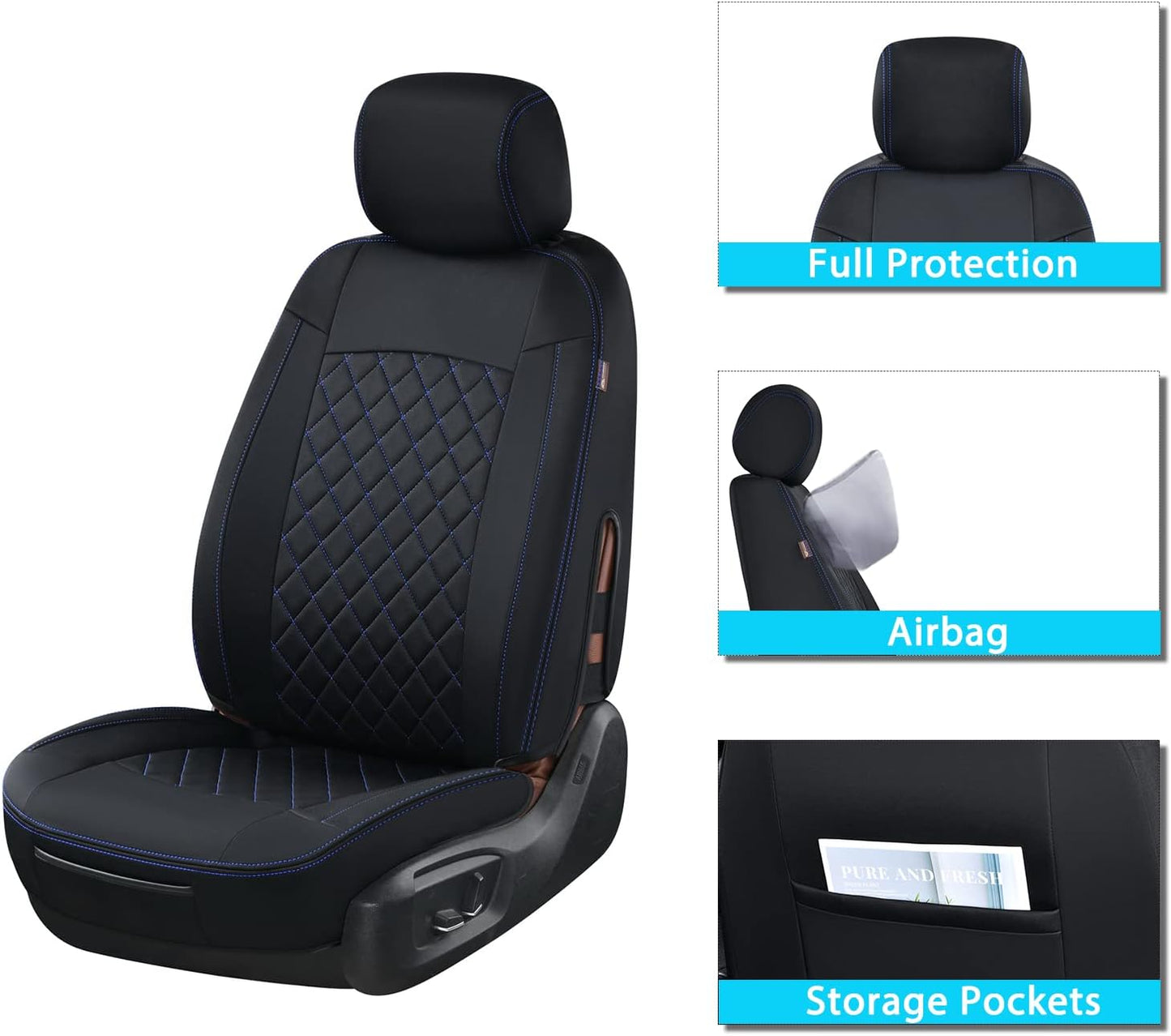 Coverado Front Car Seat Covers, 2 Pack Car Seat Protector, Waterproof Seat Covers, Neoprene Car Seat Cushion, Driver Black Seat Covers Universal Fit for Most Cars Trucks Vans SUV (Black-Blue)