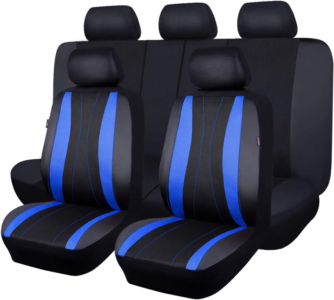 Flying Banner car seat Covers Full Set Faux Leather Air Mesh Breathable Man Lady Airbag Compatible Rear Bench Split 40/60 50/50 60/40 Truck Pick Up (Full Set - Low Back, Black Black)