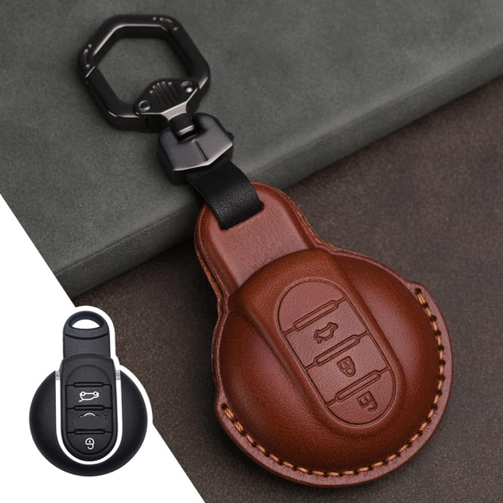 WSWJDW Leather Car Key Case Cover Keychain Ring Key Bag, Fit for Mini Cooper Clubman Hardtop Hatchback Countryman F54 F55 F56 F57 F60,Brown