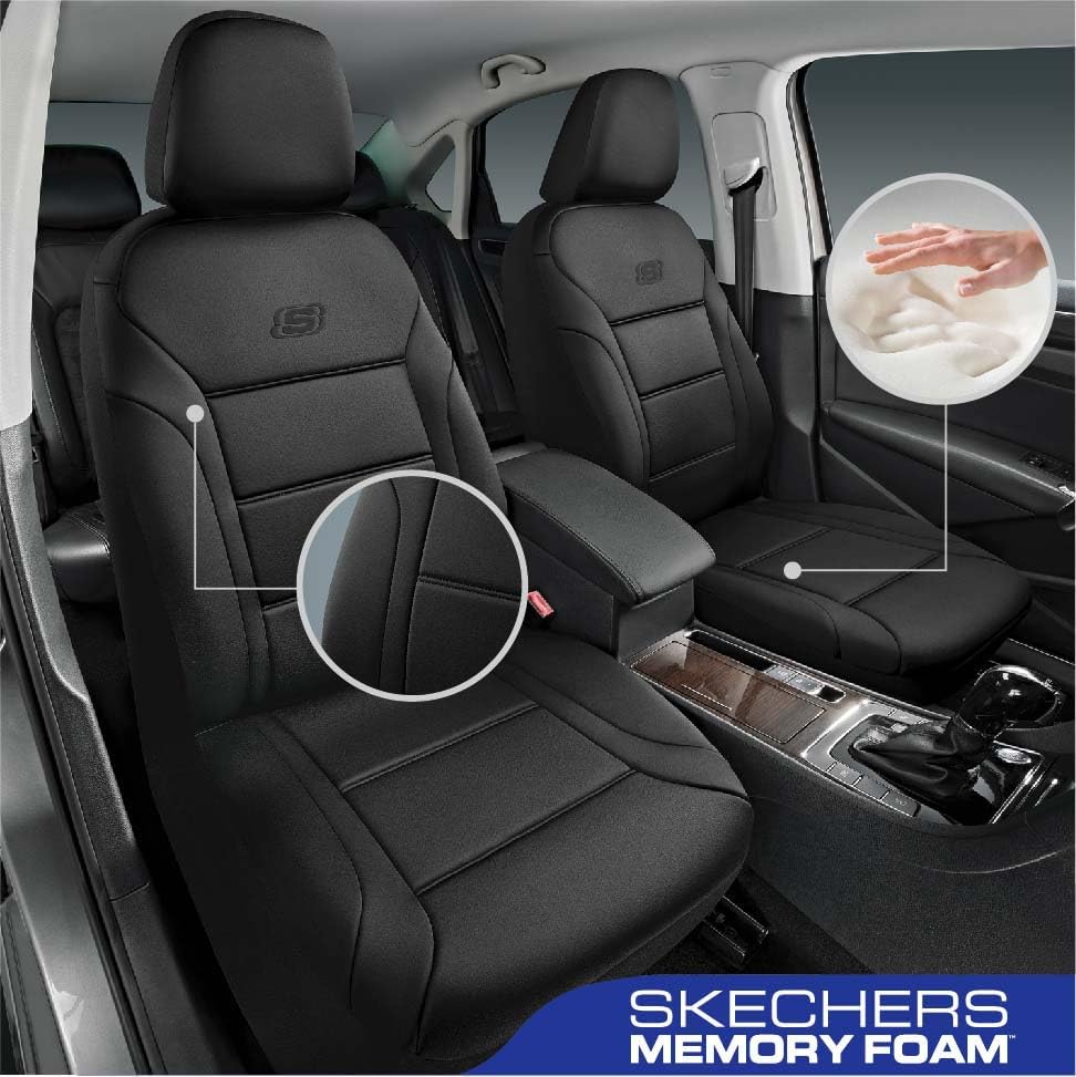 Skechers Memory Foam Car Seat Covers, Slip-ins Lycra Thick Seat Cover,Front Seat Covers Airbag Compatible, Automotive Comfort Protection for Most Cars,Trucks, SUVs, Black