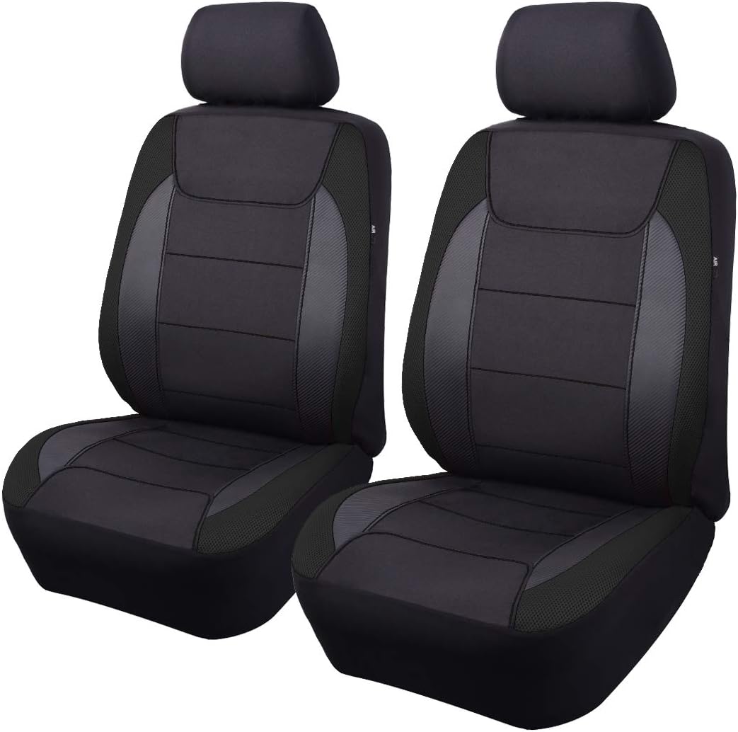 Flying Banner car seat Covers Quality Carbon Fiber Air Mesh Fabric Sport Low High Back Bucket Back Pocket Arm Rest (2 Fronts - High Bucket, Blue)