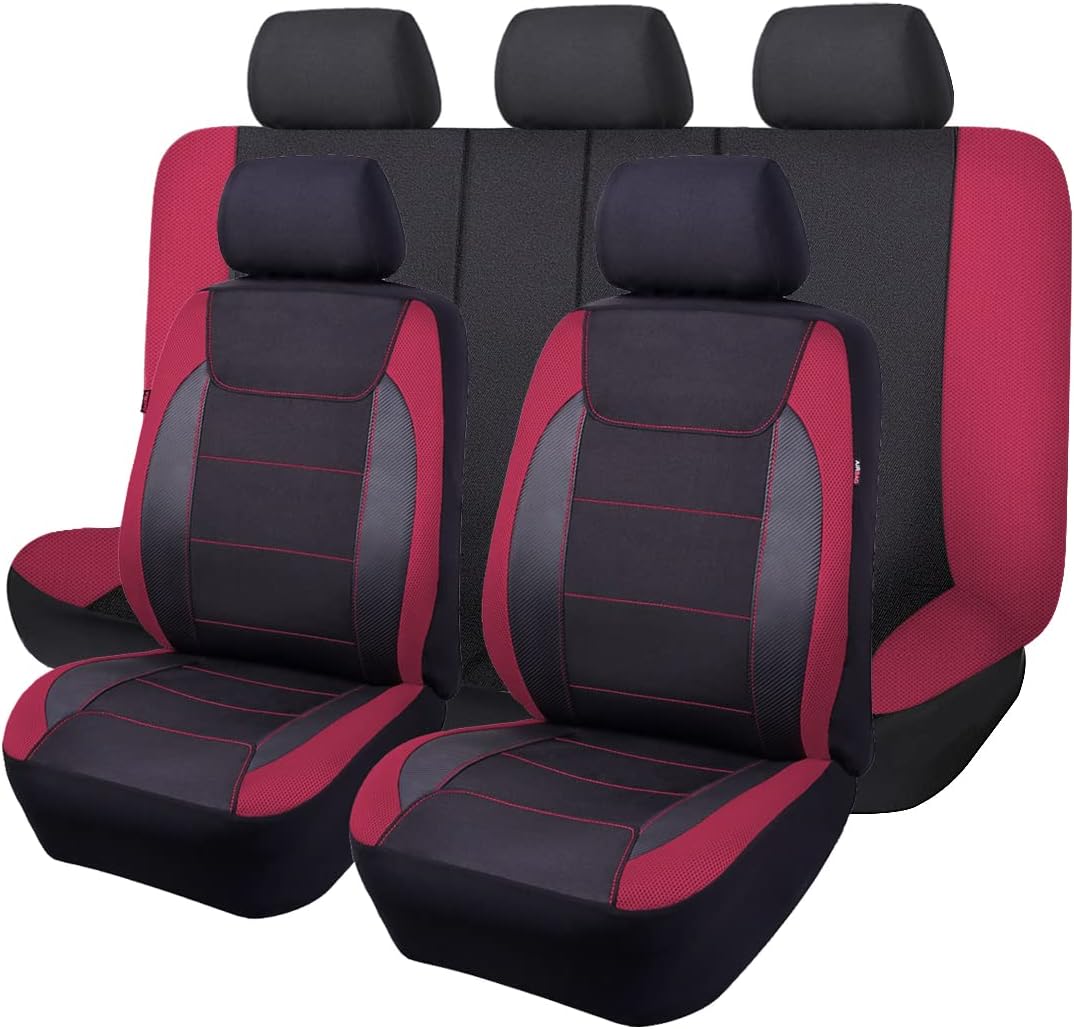 Flying Banner car seat Covers Quality Carbon Fiber Air Mesh Fabric Sport Low High Back Bucket Back Pocket Arm Rest (2 Fronts - High Bucket, Blue)