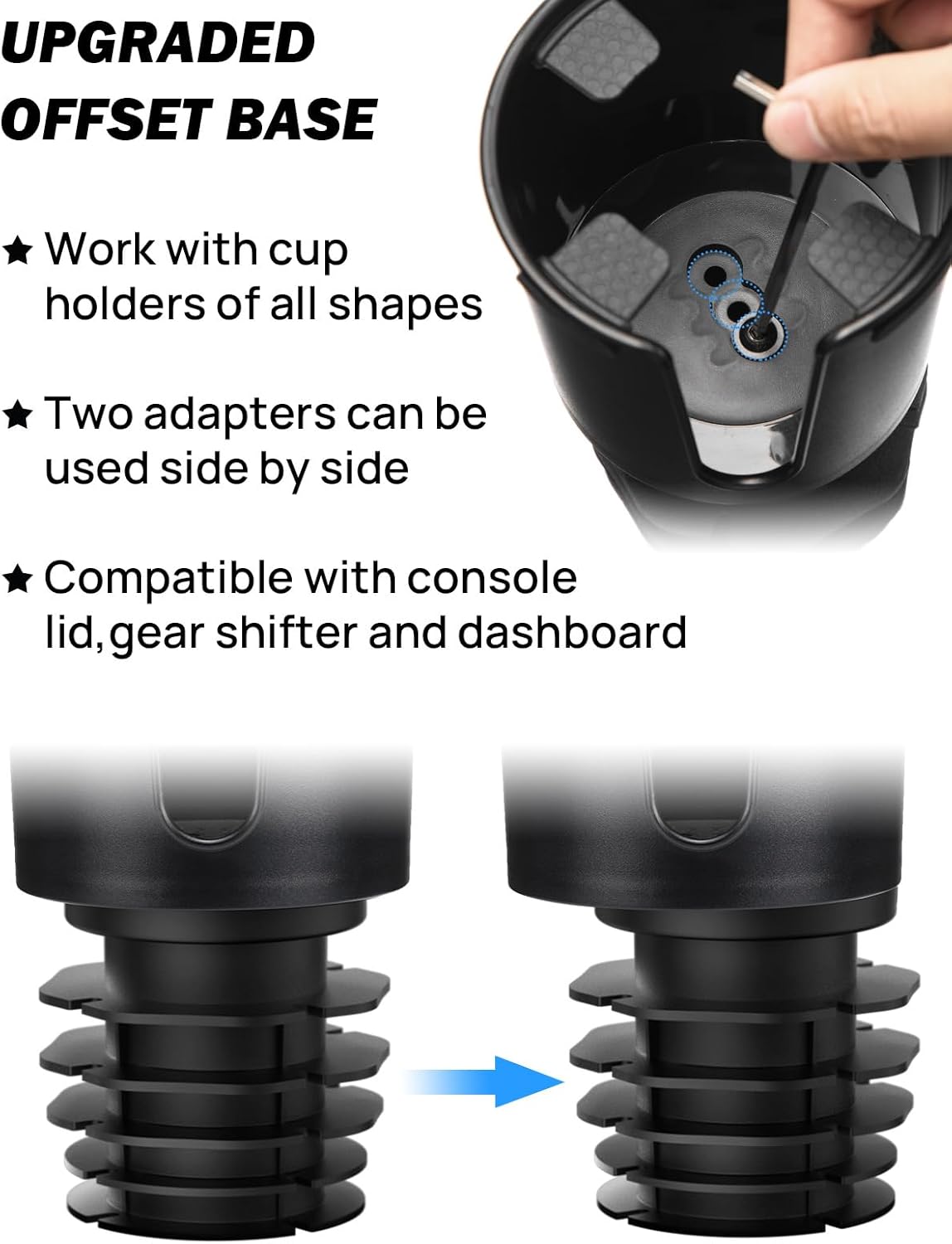 JOYTUTUS Upgraded Car Cup Holder Expander with Offset Base, Compatible YETI, Hydro Flask, Nalgene, for Hold 18-40 oz Bottles and Mugs, Other in 3.4''-3.8'' (2 Pack), Black
