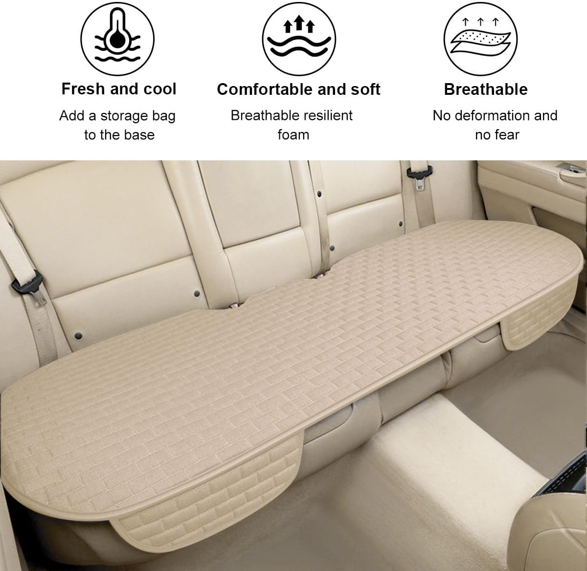 KVAEY Linen Back Car Seat Cover, Anti-Slip Long Bottom Rear Seat Cover Protector with Storage Pockets, Breathable Linen Rear Bench Seat Protector Cushion Pad for Most Vehicles (Beige)