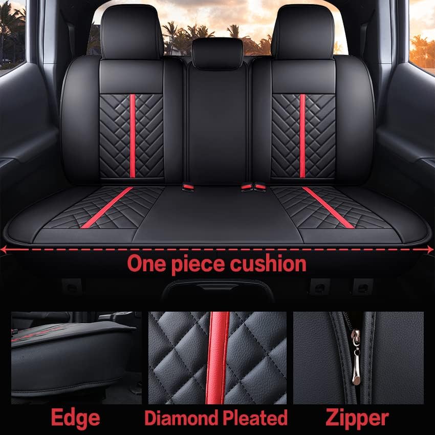 Tomatoman Toyota Tacoma Rear Seat Covers 2005-2024 2025 TRD Sport Off Road Limited SR5 V6 Crew Double Extended Cab Truck Airbag Compatible Back Car Cushions with Faux Leather(Rear Seat/Black-Red)
