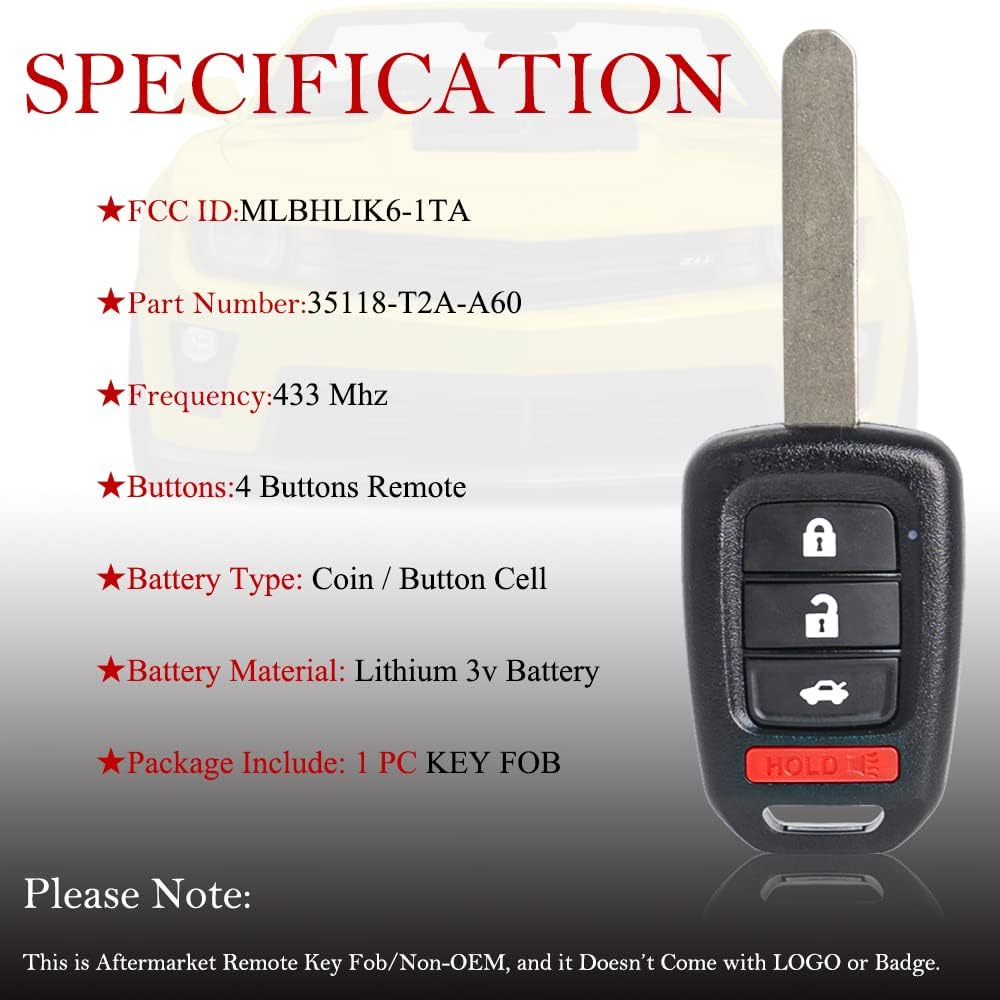 MechanMagic Key Fob Remote Replacement Fits for Honda Civic 2016 2017 2018 2019 2020/Accord 2016 2017 MLBHLIK6-1TA Keyless Entry Remote Control Uncut 4 Buttons 433Mhz (35118-T2A-A60)