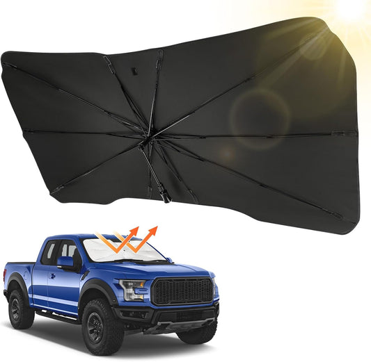 JOYTUTUS Windshield Sun Shade Umbrella Fit for F150, for Full-Size Pickup Truck, Front Window Sun Shade with 360° Rotation Bendable Shaft, Titanium Silver Coating for UV Block, with Car Safety Hammer