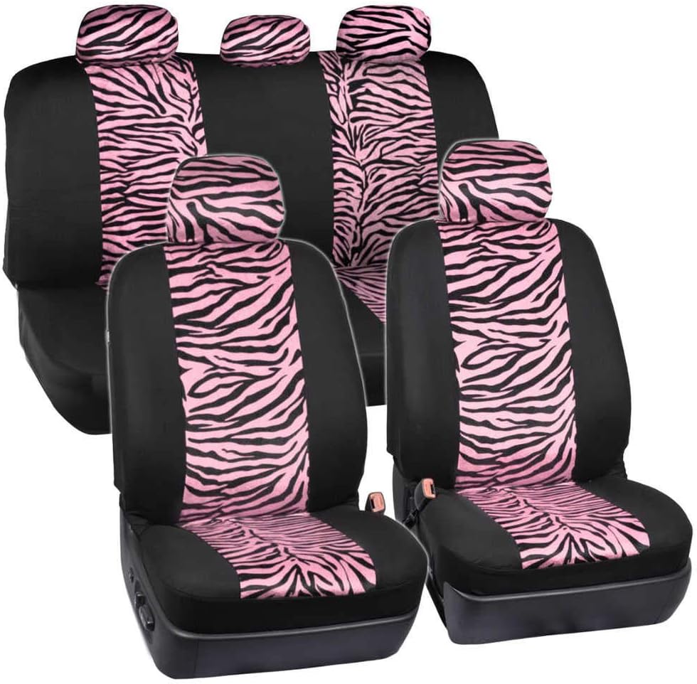 BDK carXS Zebra Print Car Seat Covers Full Set Includes Matching Seat Belt Pads and Steering Wheel Cover Two-Tone Animal Print Beige Seat Covers for Cars for Women, Car Seat Protector Interior Covers