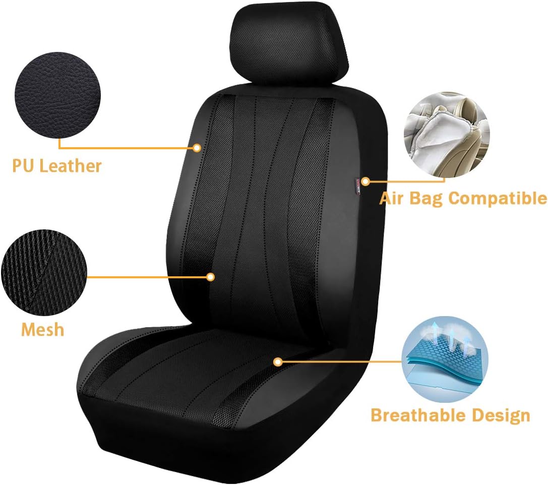 Flying Banner car seat Covers Full Set Faux Leather Air Mesh Breathable Man Lady Airbag Compatible Rear Bench Split 40/60 50/50 60/40 Truck Pick Up (Full Set - Low Back, Black Black)
