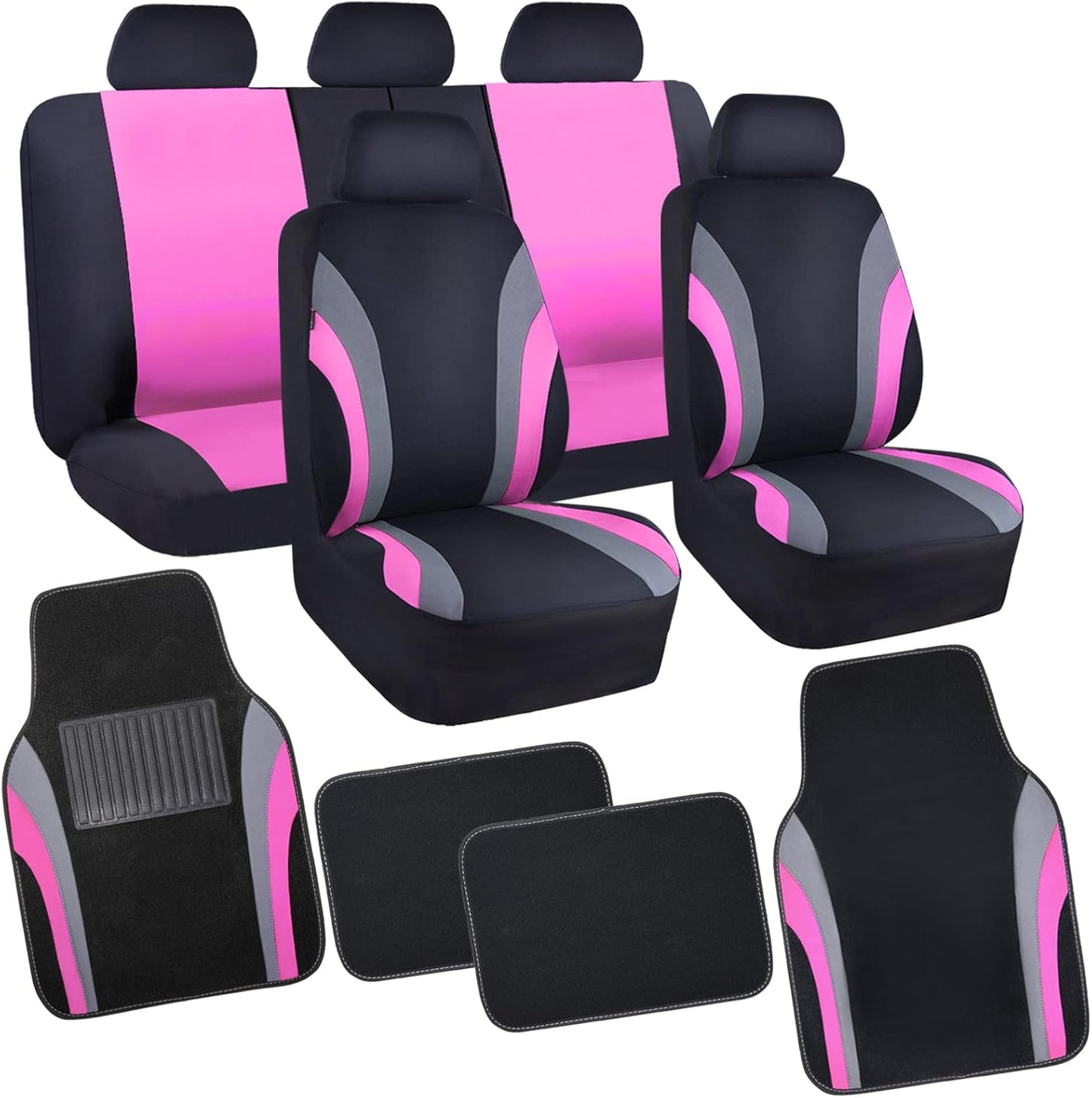 CAR PASS Line Rider Sporty Car Seat Covers Full Set with 4Pcs Waterproof Car Floor Mats Universal Fit Airbag Compatible Automotive Interior Covers for Trucks,Vans,SUV (Combo Set, Black & Purple)