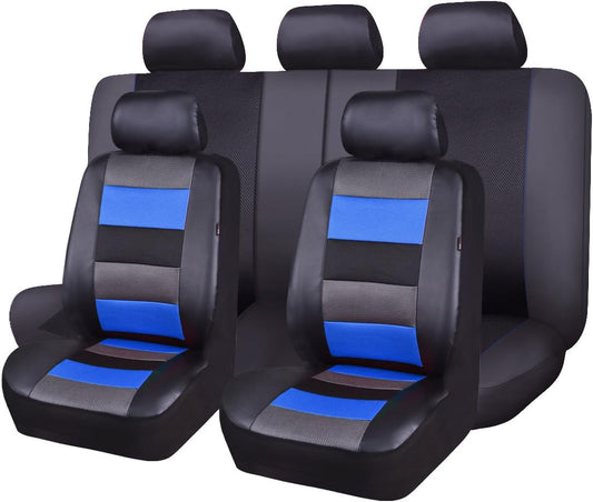 Flying Banner Car Seat Covers Full Set Front Seats and Rear Bench Black Leather and Red Fabric Mesh Cover Breathable Black with Blue Color (Blue)