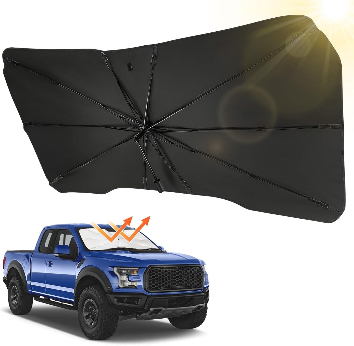 JOYTUTUS Windshield Sun Shade Umbrella Fit for F150, for Full-Size Pickup Truck, Front Window Sun Shade with 360° Rotation Bendable Shaft, Titanium Silver Coating for UV Block, with Car Safety Hammer
