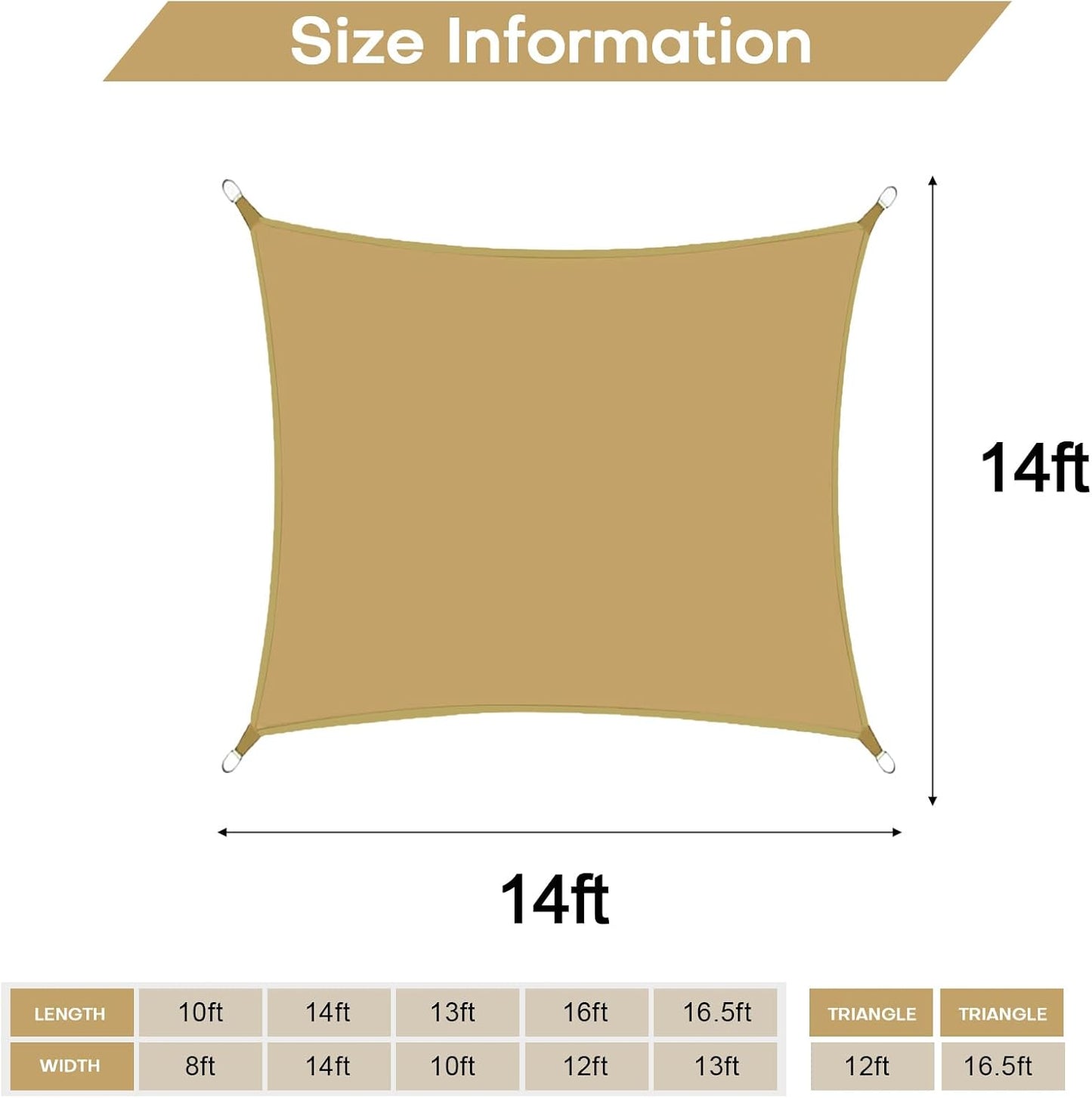 Lucky Monet Sun Shade Sail Rectangle Outdoor Canopy Cover 14ft x 14ft Sail Shade Waterproof UV Block Canopy Shade Cover for Patio Backyard Garden (Sand)
