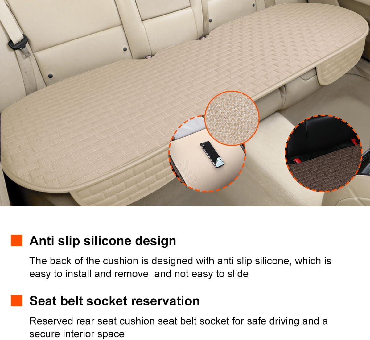 KVAEY Linen Back Car Seat Cover, Anti-Slip Long Bottom Rear Seat Cover Protector with Storage Pockets, Breathable Linen Rear Bench Seat Protector Cushion Pad for Most Vehicles (Beige)