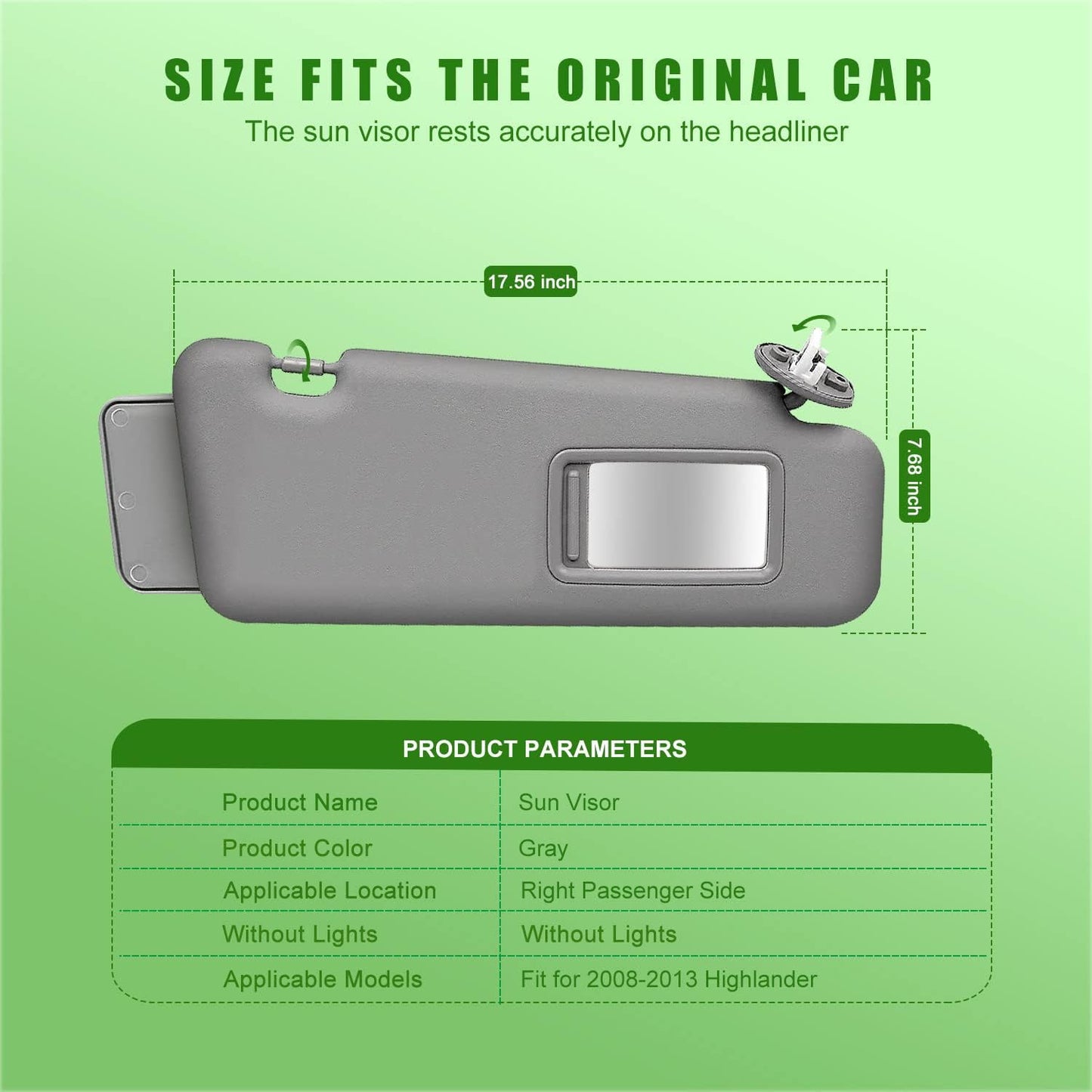 Right Passenger Side Sun Visor for Toyota Highlander 2008 2009 2010 2011 2012 2013 Gray with Light Replace # 74320-48500-B0