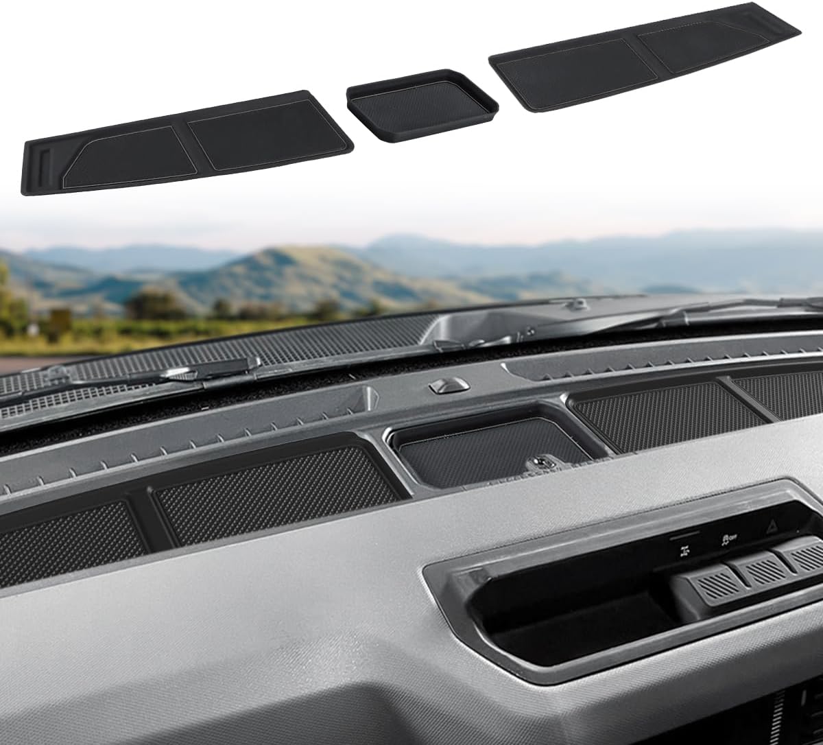 Auovo Dash Cover Tray Compatible with Ford Bronco Accessories 2021 2022 2023 2024 2025 Anti-Slip Silicone Dashboard Compartments Mat fit Bronco 2/4-Door Interior Dash Pad Liners 3-pc Set (Black Trim)