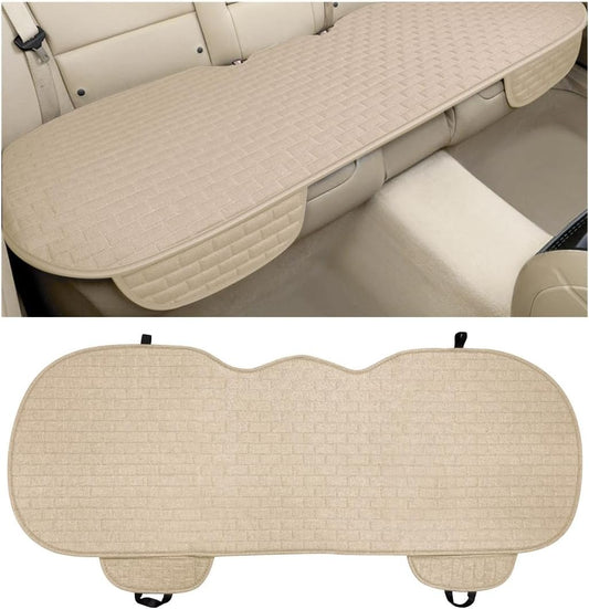 KVAEY Linen Back Car Seat Cover, Anti-Slip Long Bottom Rear Seat Cover Protector with Storage Pockets, Breathable Linen Rear Bench Seat Protector Cushion Pad for Most Vehicles (Beige)