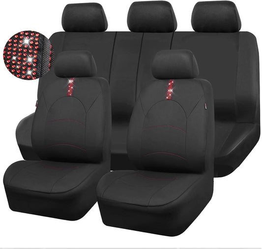 CAR Pass Universal Fit Cloth with Glorious Rhinestones Car Seat Covers Rear Split Bench Airbag Compatible Fit for Car, SUV, Sedan (Red, 9 Pieces)
