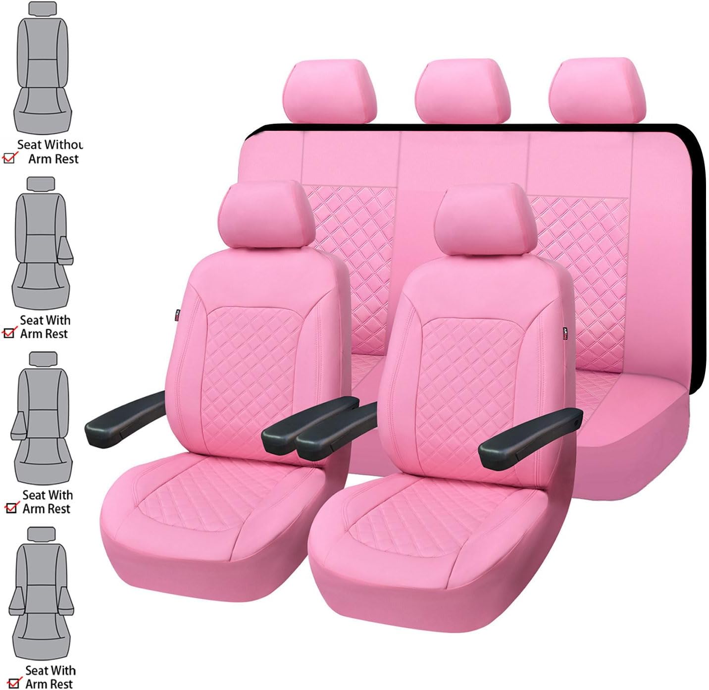 Flying Banner car seat Covers Set Faux Leather Quilted Fashion Easy Bench Split Protectors Sport Fashion (Solid Pink, Full Set - Low Back - Front Arm Rest)