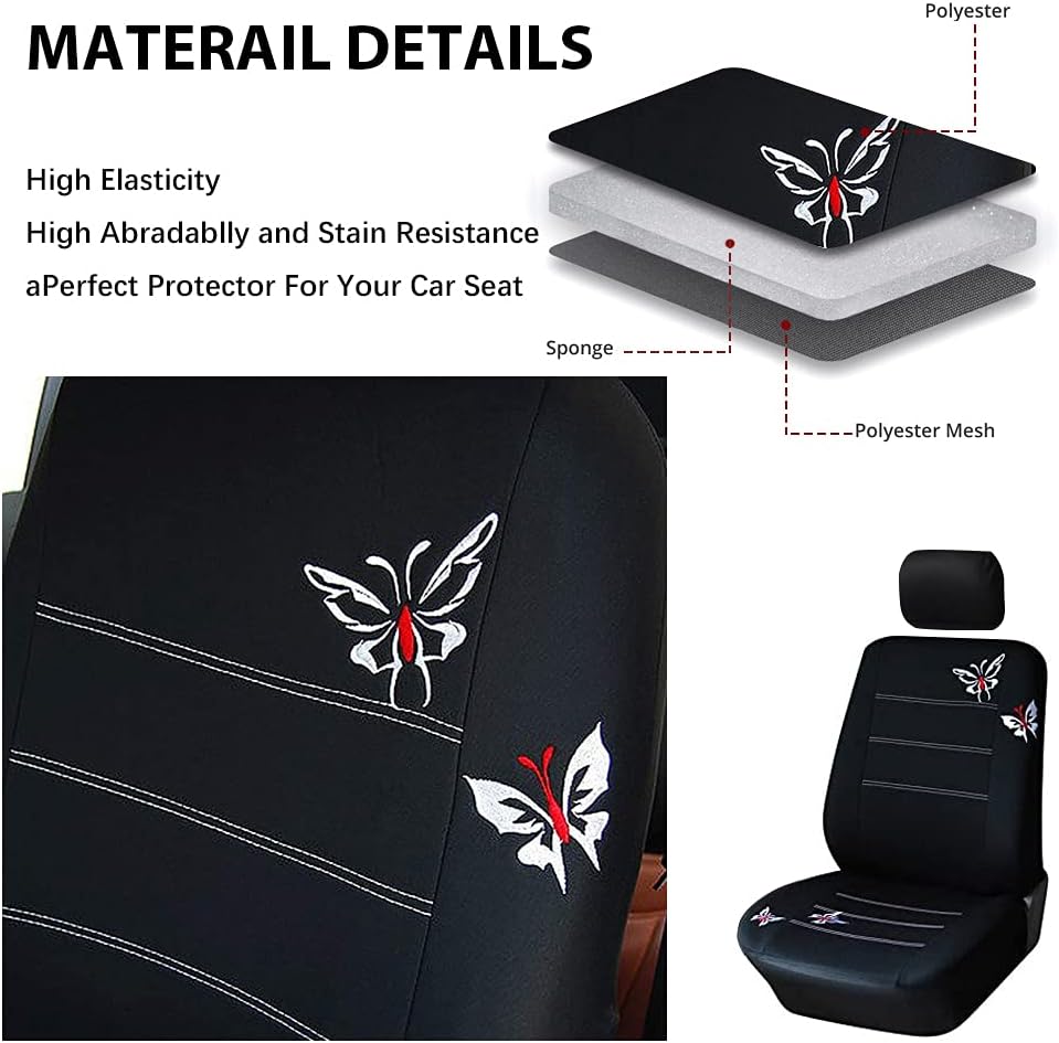AUTOYOUTH Front Bucket Car Seat Covers for Truck, SUV Butterfly Embroidery, Polyester Cloth Universal Fit Car Accessories ¨C 4PCS, Black