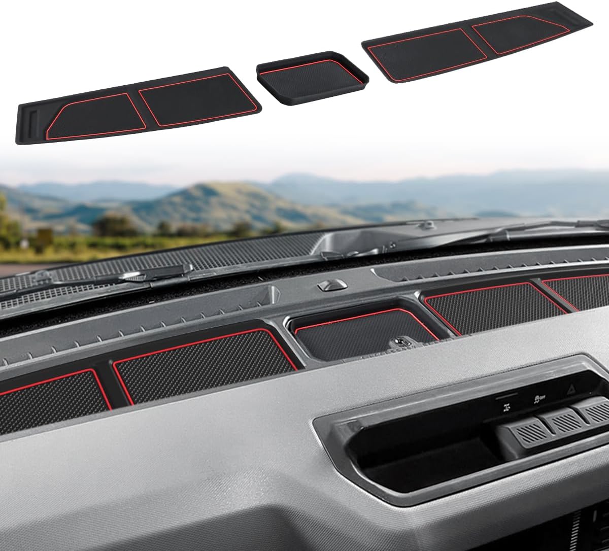 Auovo Dash Cover Tray Compatible with Ford Bronco Accessories 2021 2022 2023 2024 2025 Anti-Slip Silicone Dashboard Compartments Mat fit Bronco 2/4-Door Interior Dash Pad Liners 3-pc Set (Black Trim)