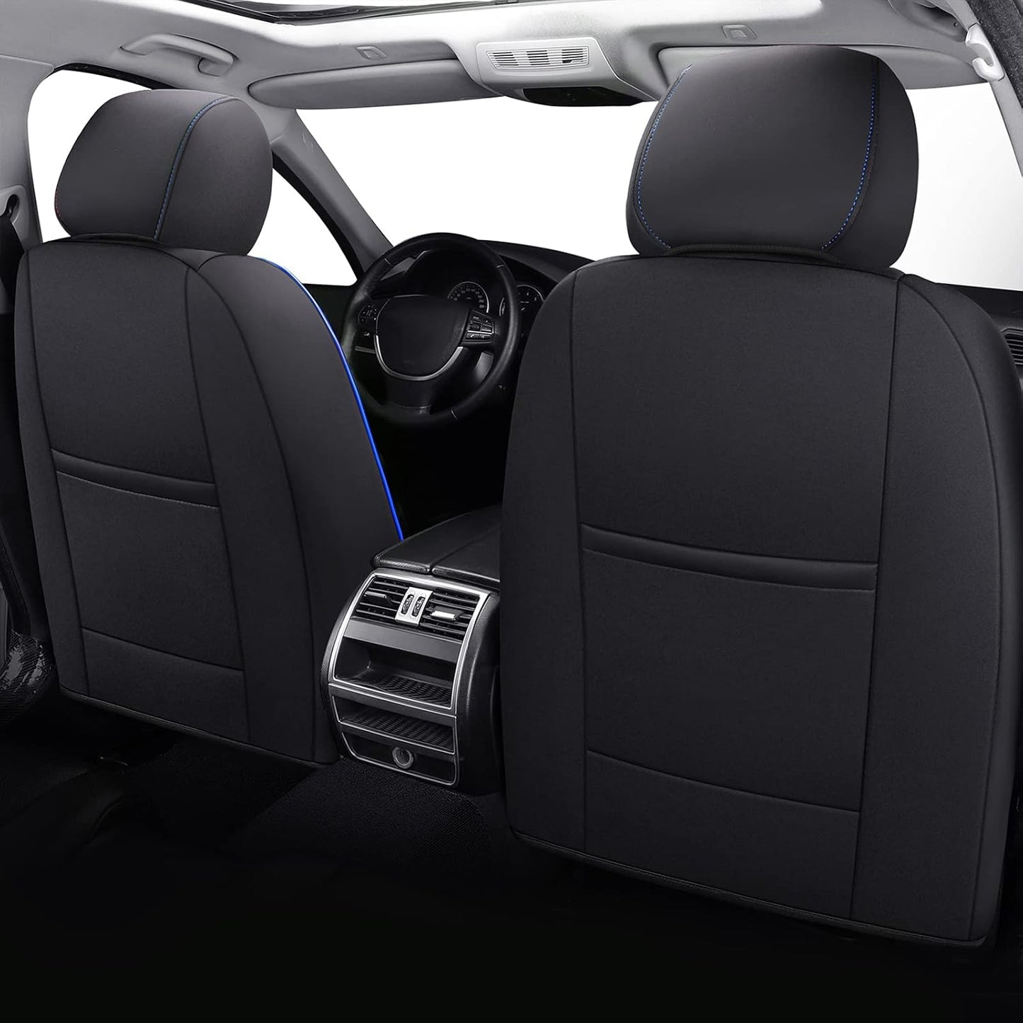 Coverado Car Seat Covers 2-Pack, Front Seat Covers for Cars, Waterproof Neoprene Universal Car Seat Cover Cushions, Auto Car Seats Protective, Seat Covers for Most Cars Trucks Vans SUV Black&Blue Trim