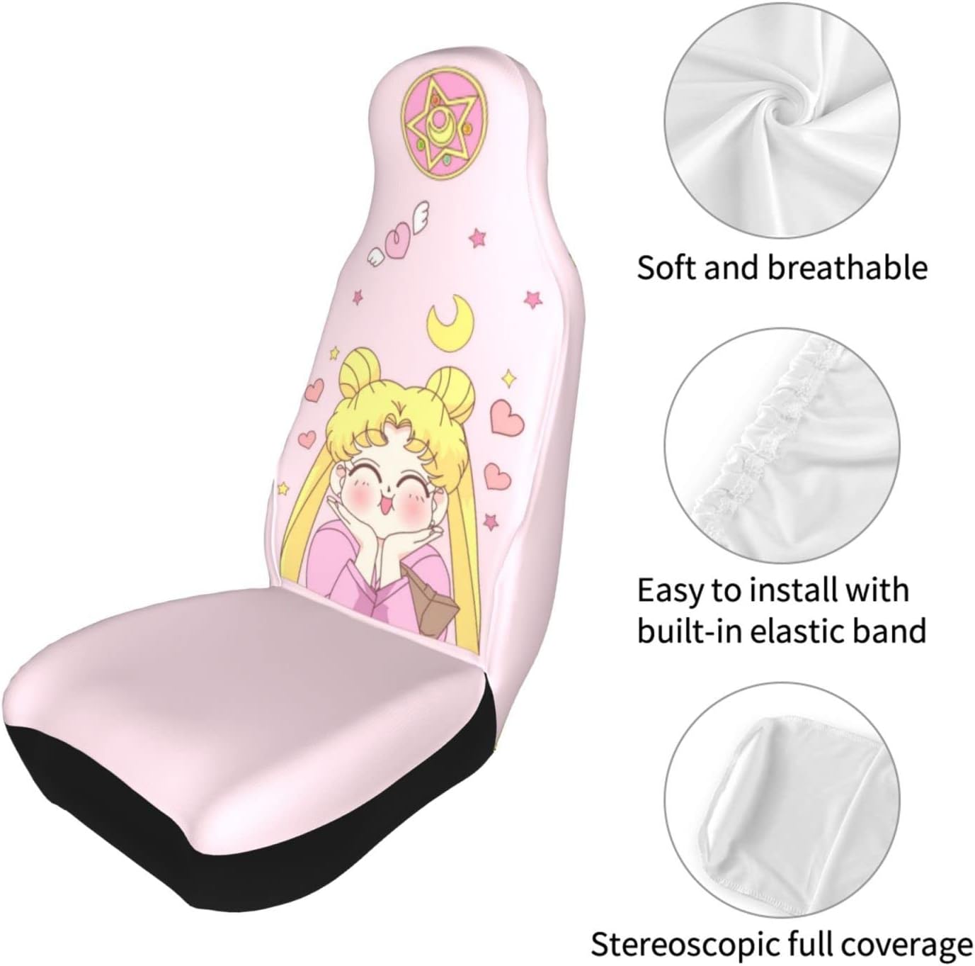meiystyle Sailor Moon Car Seat Cover Front Seat Covers Universal Fit for Most Cars Trucks SUVs 2 PCS