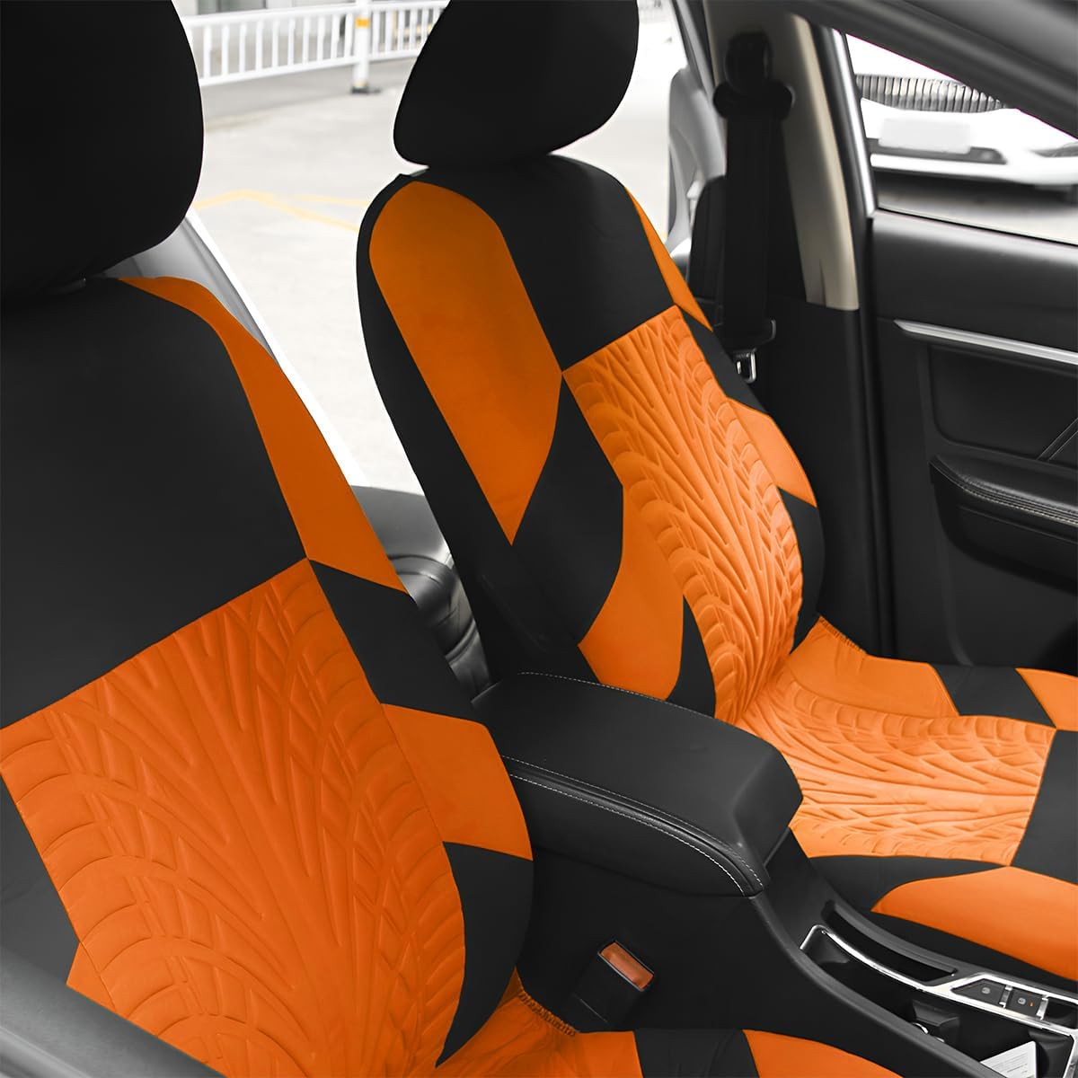 Car Seat Covers Full Set, Polyester Front Bucket Seat Protectors with Split Bench Back Seat Covers, Breathable Thicken Premium Sporty Seat Cushions, Auto Accessories for Car, SUV (Orange/Front,Back)