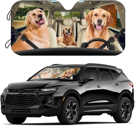 Golden Retriever Auto Sun Shade Car Windshield Window Cover Sunshade,Pet Dog Sunvisors Car Covers for Windows,Funny Dogs Car Front Window Visor for Car Truck Vehicle SUV Van (57IN × 27.5IN)