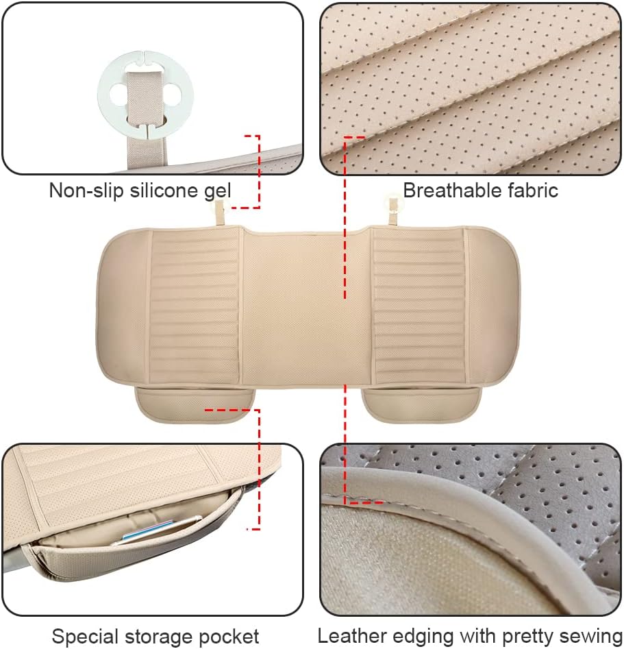 JINGJINGOLD Car Rear Seat Cushion PU Leather Beige Auto Back Seat Cover Breathable Back Cover for Vehicle Supplies Long Pad Mat Car Interior Accessories