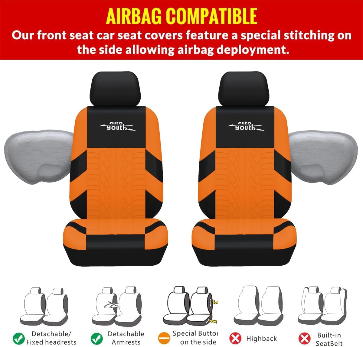 AUTOYOUTH Car Seat Covers for Front Seats, Breathable and Washable Bucket Seat Covers for Cars, Truck, SUV, Vans Airbag Compatible Automotive Interior Covers, Orange