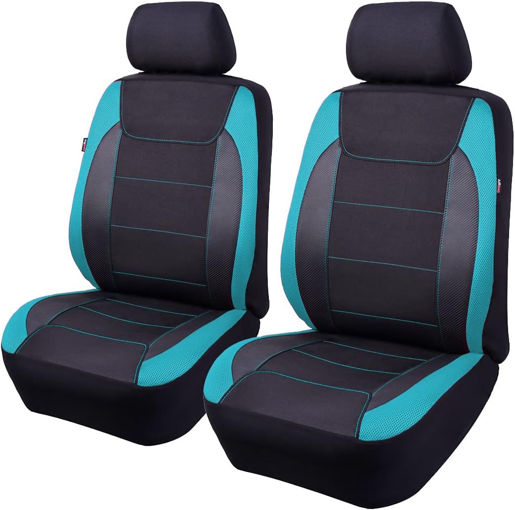 Flying Banner car seat Covers Quality Carbon Fiber Air Mesh Fabric Sport Low High Back Bucket Back Pocket Arm Rest (2 Fronts - High Bucket, Blue)
