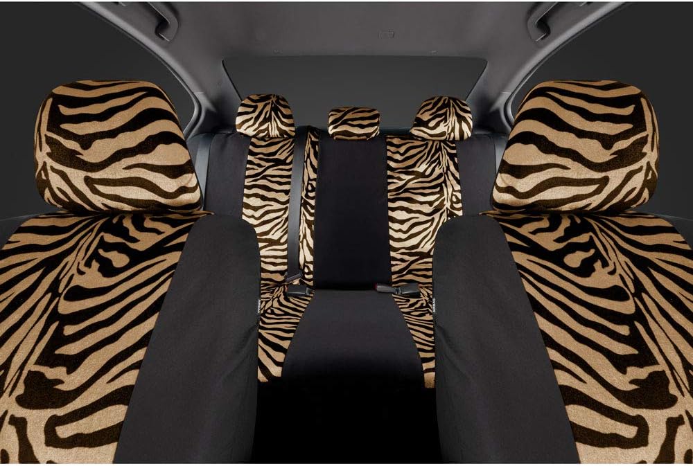 BDK carXS Zebra Print Car Seat Covers Full Set Includes Matching Seat Belt Pads and Steering Wheel Cover Two-Tone Animal Print Beige Seat Covers for Cars for Women, Car Seat Protector Interior Covers