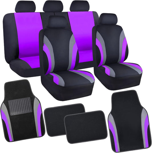 CAR PASS Line Rider Sporty Car Seat Covers Full Set with 4Pcs Waterproof Car Floor Mats Universal Fit Airbag Compatible Automotive Interior Covers for Trucks,Vans,SUV (Combo Set, Black & Purple)
