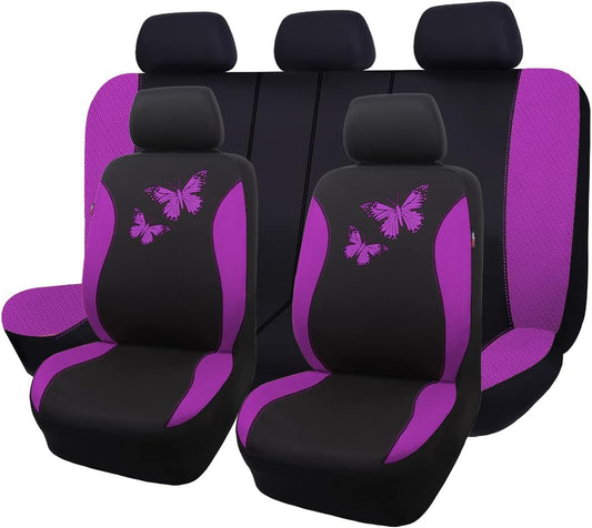 Flying Banner Butterfly car seat Covers ful Set Fashion Universal Lady Woman Female Rear Bench Split Colorized (Full Set, Purple)