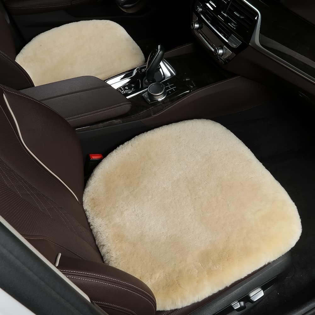 LLB Genuine Sheepskin Car Seat Cushion, Comfort Auto Seat Pad, Warm Real Wool Car Mat with Non-Slip Backing Universal Fit, 19.2 x 19.2 Inches (Pearl, 2 Front Seat Cushions & Bench Seat Cushion-3 Pcs)