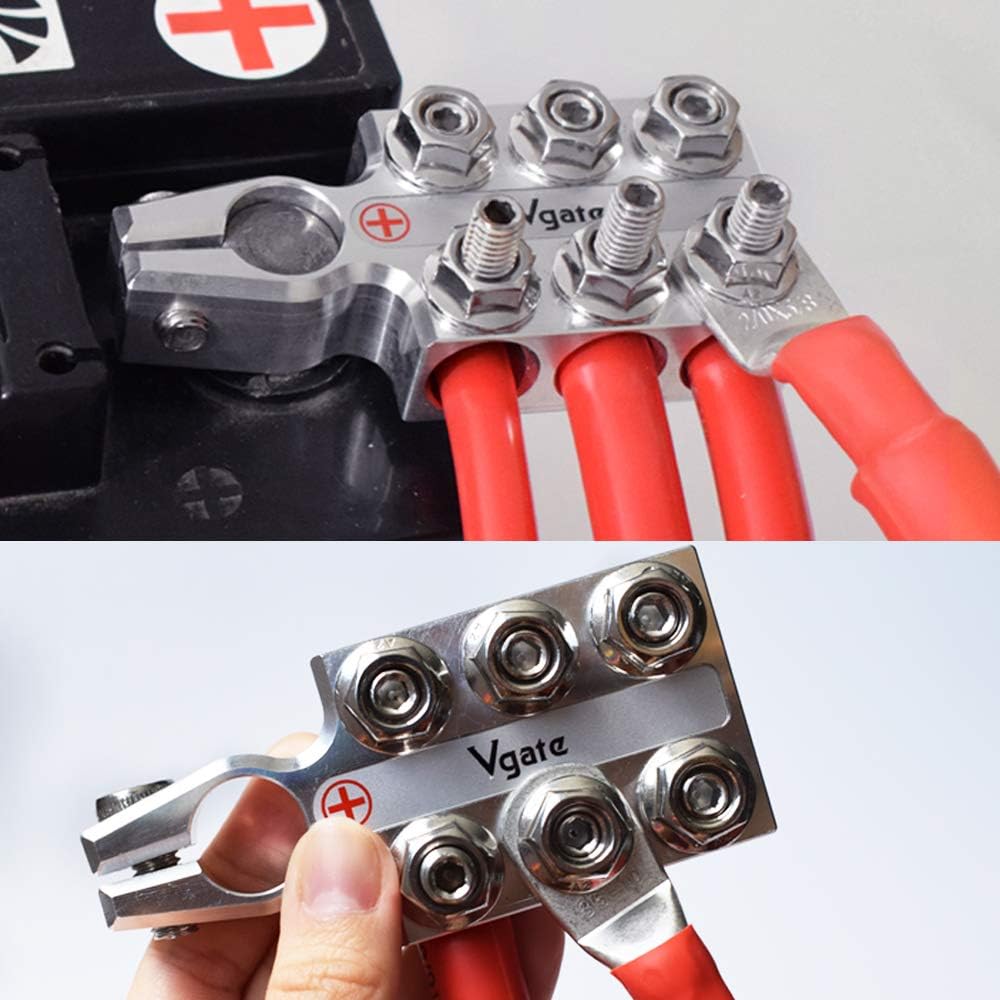 Vgate Car Lead Acid Battery Terminal Clamps, 8AWG up to 4/0(XL) AWG Gauge, 12-Way Connectors, Positive and Negative (+/-)(Pair) for SAE/DIN/EN Tapered Top Post