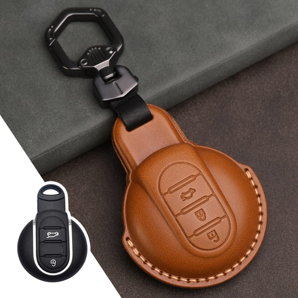 WSWJDW Leather Car Key Case Cover Keychain Ring Key Bag, Fit for Mini Cooper Clubman Hardtop Hatchback Countryman F54 F55 F56 F57 F60,Brown